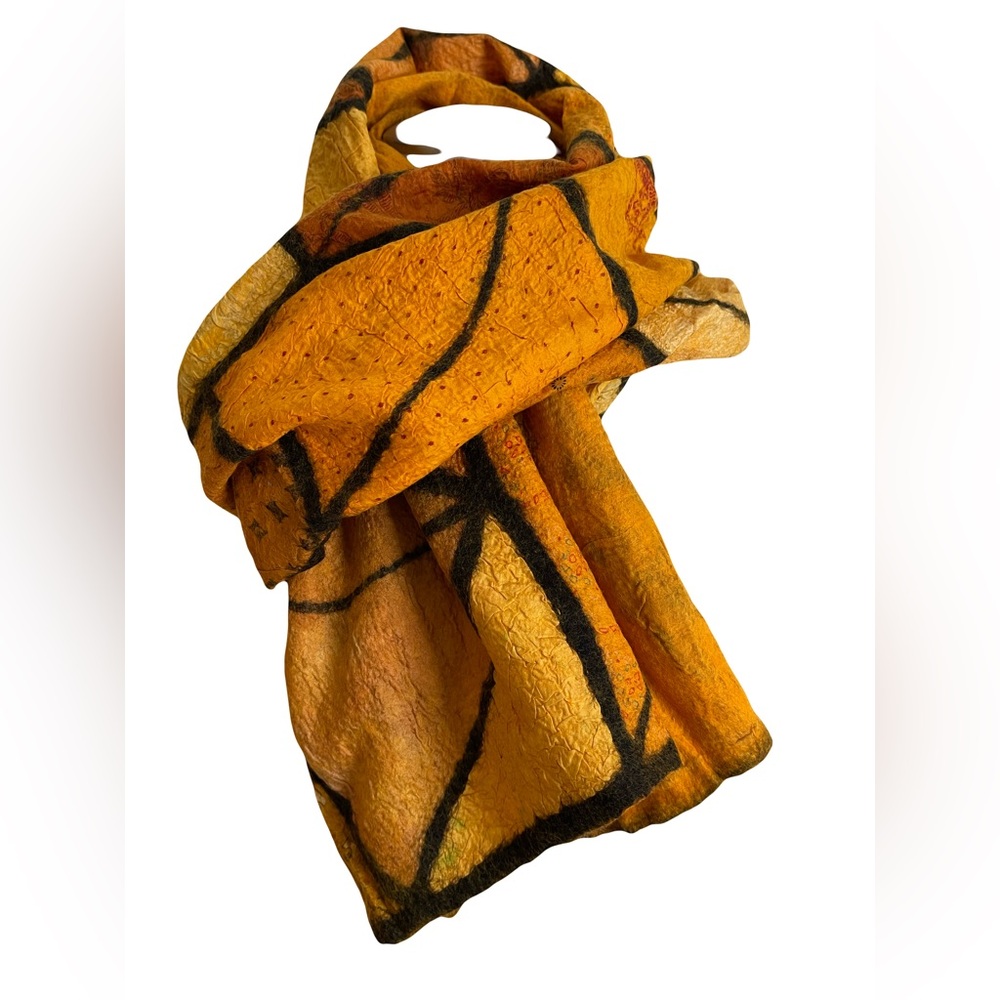 Artistic Textured Nuno Felted Scarf in Mustard and Black - Merino Wool and Silk